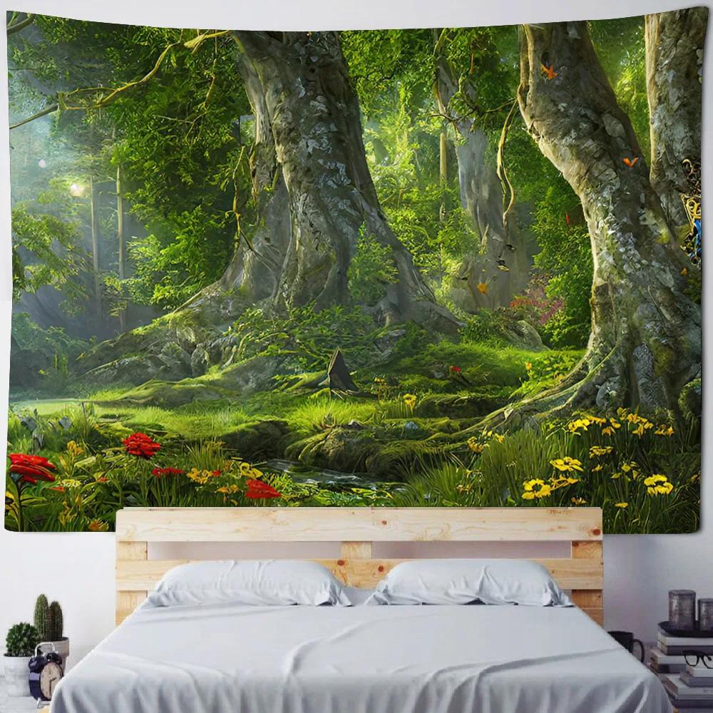 Green jungle tapestry, psychedelic castle home decoration wall hanging, Bohemian living room background cloth poster, sofa cover