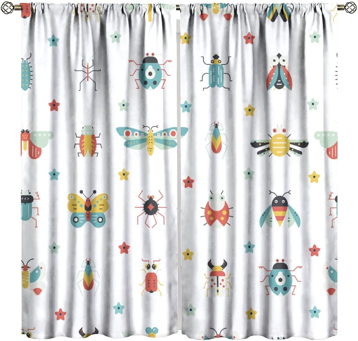 Insects Blackout Window Curtain, Continuous Pattern Colorful Various Bugs And Little Stars On Plain Backdrop For Home Kitchen 53x116CM-2PC