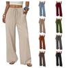 European & American Women's Casual Solid Wide-Leg Beach Pants with Elastic Waist & Pockets