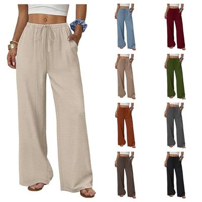 European & American Women's Casual Solid Wide-Leg Beach Pants with Elastic Waist & Pockets