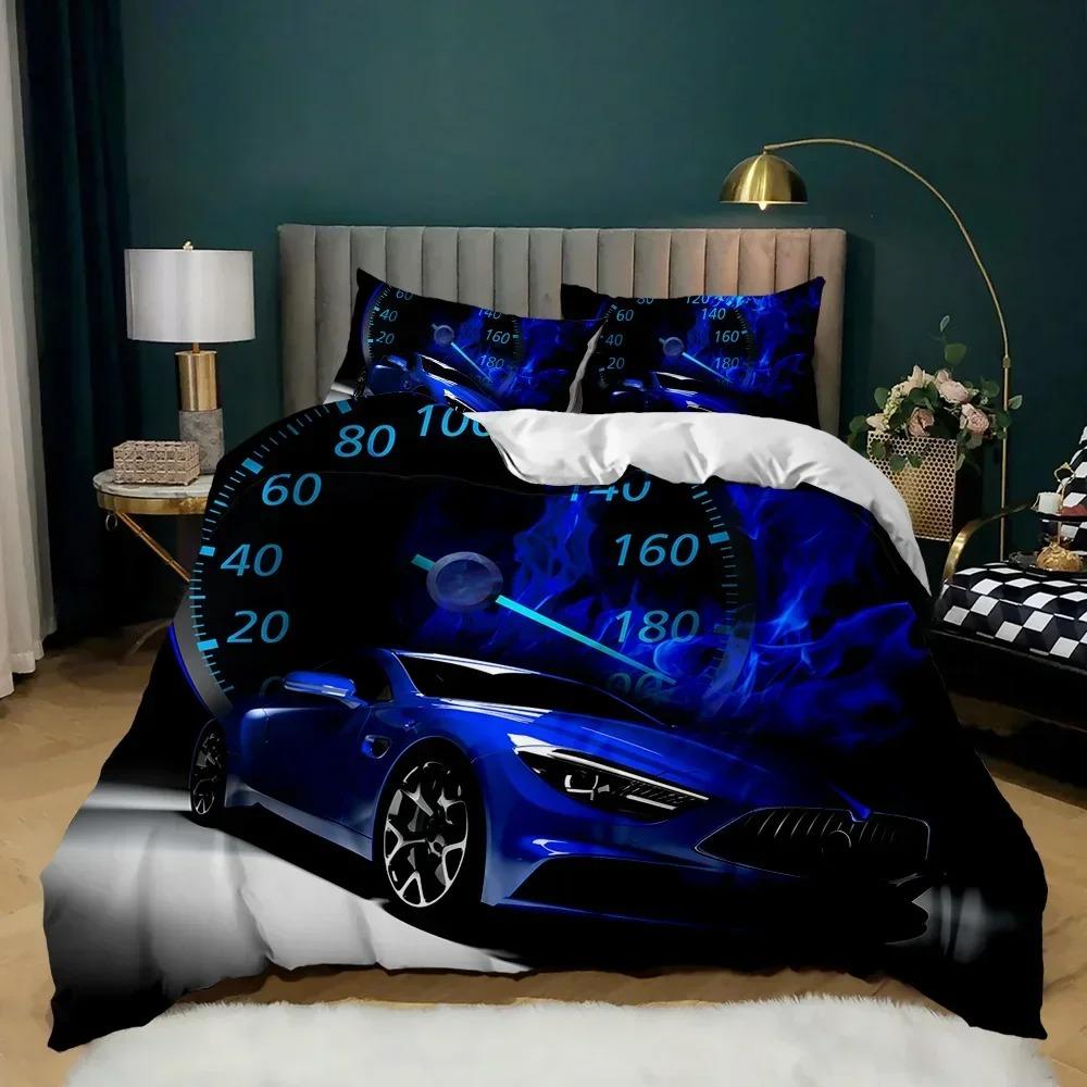Rennwagen Bettwäsche Set Einzelgröße Brennend Rote Flamme Bettbezug Set 3D Sportwagen Bettdeckenbezug King 2/3tlg. Polyester Steppdeckenbezug