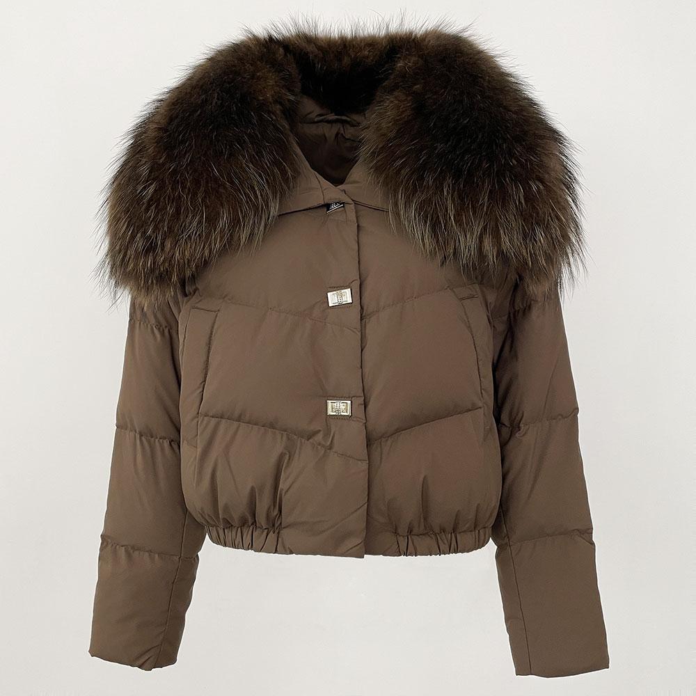 OFTBUY Geacă de Iarnă Femei Guler Mare din Blană Naturală de Raton Real, Gros, Cald, Puf de Rață, Scurt, Îmbrăcăminte Exterioară, Streetwear, Larg, Casual