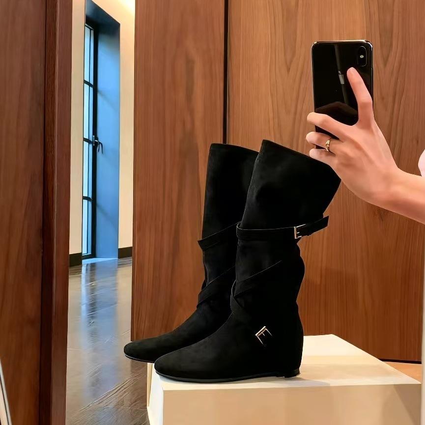 6Cm Inner Height Increase Western Denim Boots Women's 2025 New Korean Round Head Buckle with Soft Folds and Thin Medium Tube