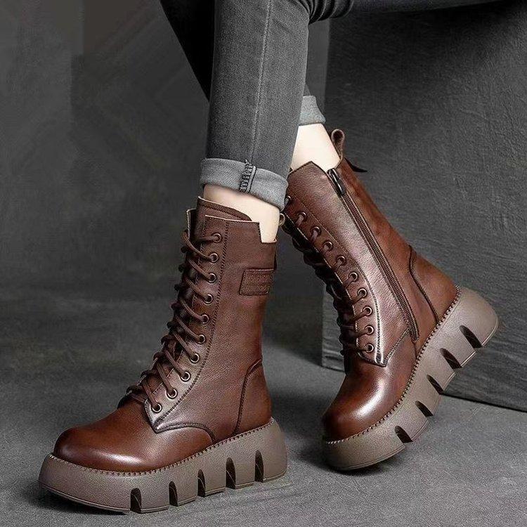 Fashion soft leather platform Martin boots women's 2025 autumn and winter new fashion versatile British wind fried street small short boots