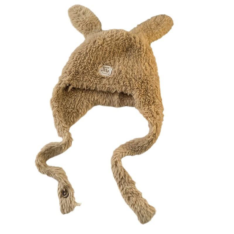 Rabbit Ears Knitted Plush Hat Women's Autumn and Winter Warm and Cold-proof Baotou Hat Versatile Ear Protector Lei Feng Hat Wool Hat