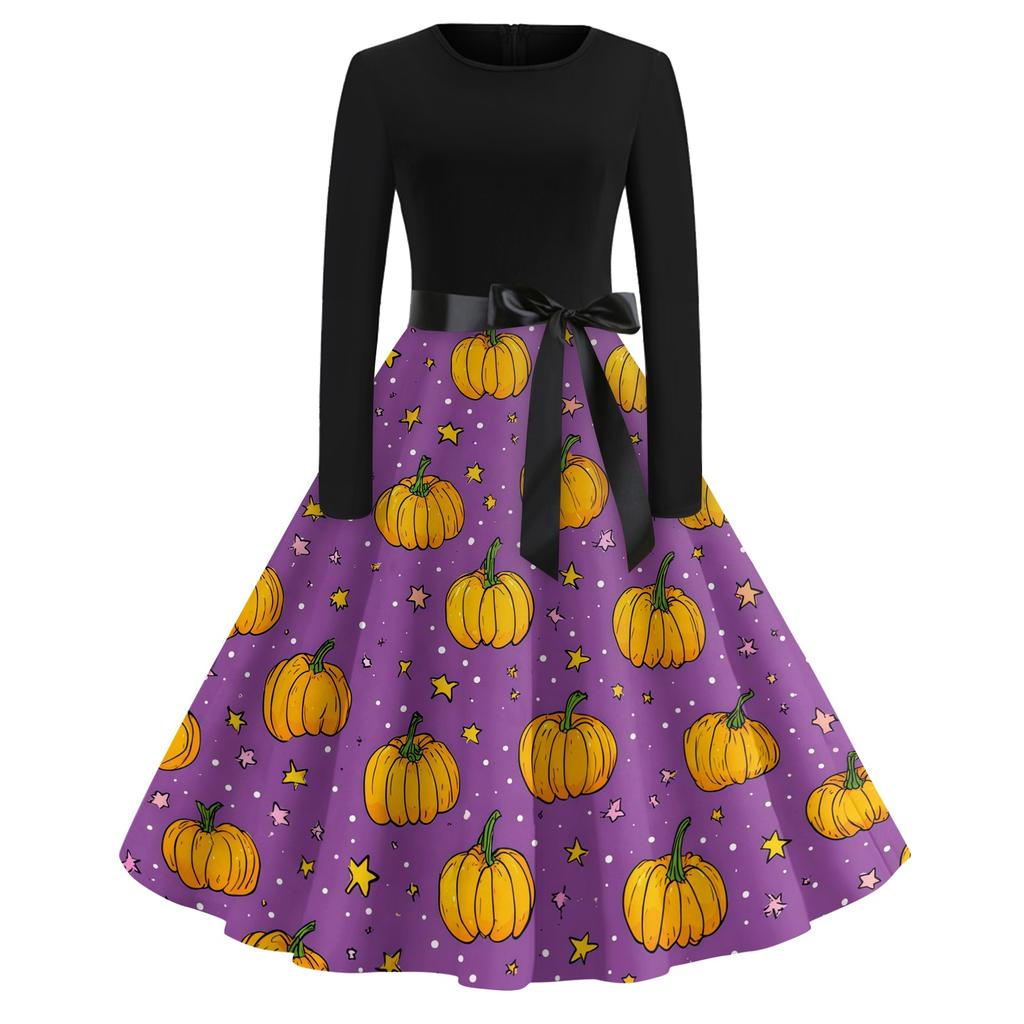 Women Casual Vintage Halloween Dress Long Sleeve Round Neck Fit and Flare Midi Dress with Halloween Tree and Ghost Print and Waist Tie