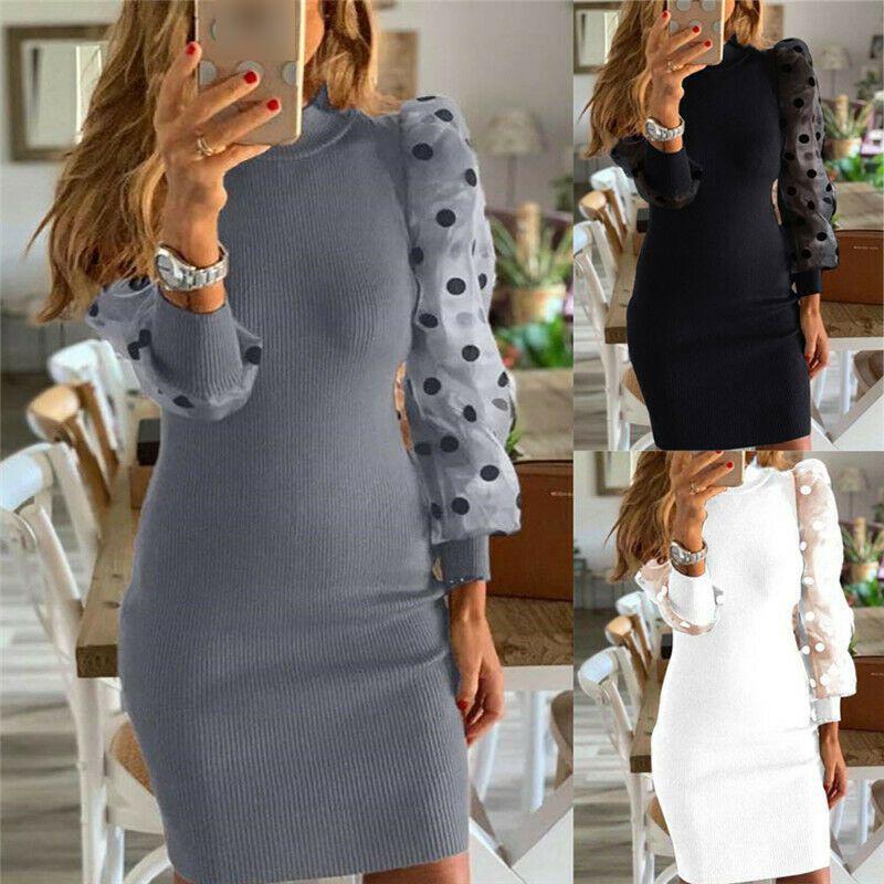 Elegant Women's Polka Dot Jumper With Long Net Yarn Sleeves For Flattering Bodycon Fit