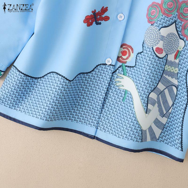 ZANZEA Women Stand Collar Loose Summer Casual Half Sleeve Print Blouse