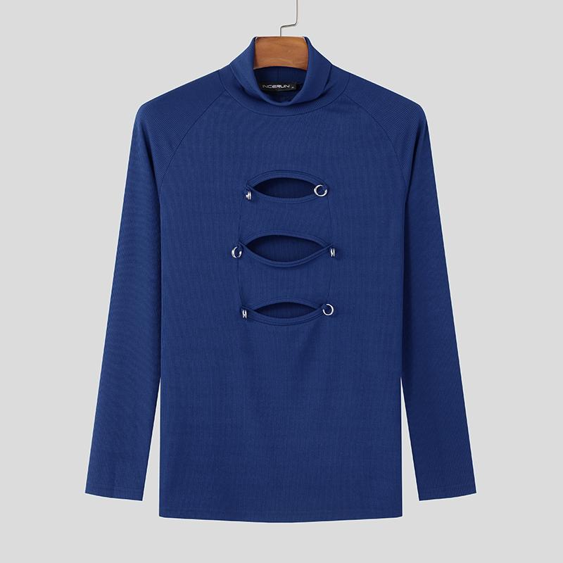 

INCERUN Мужские весенние водолазки с вырезом, топы с длинным рукавом, пэчворк, майки 3XL синий