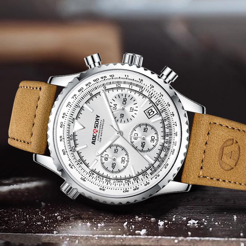 Men's Multifunctional Leather Strap Watch: Waterproof, Luminous, Calendar Feature