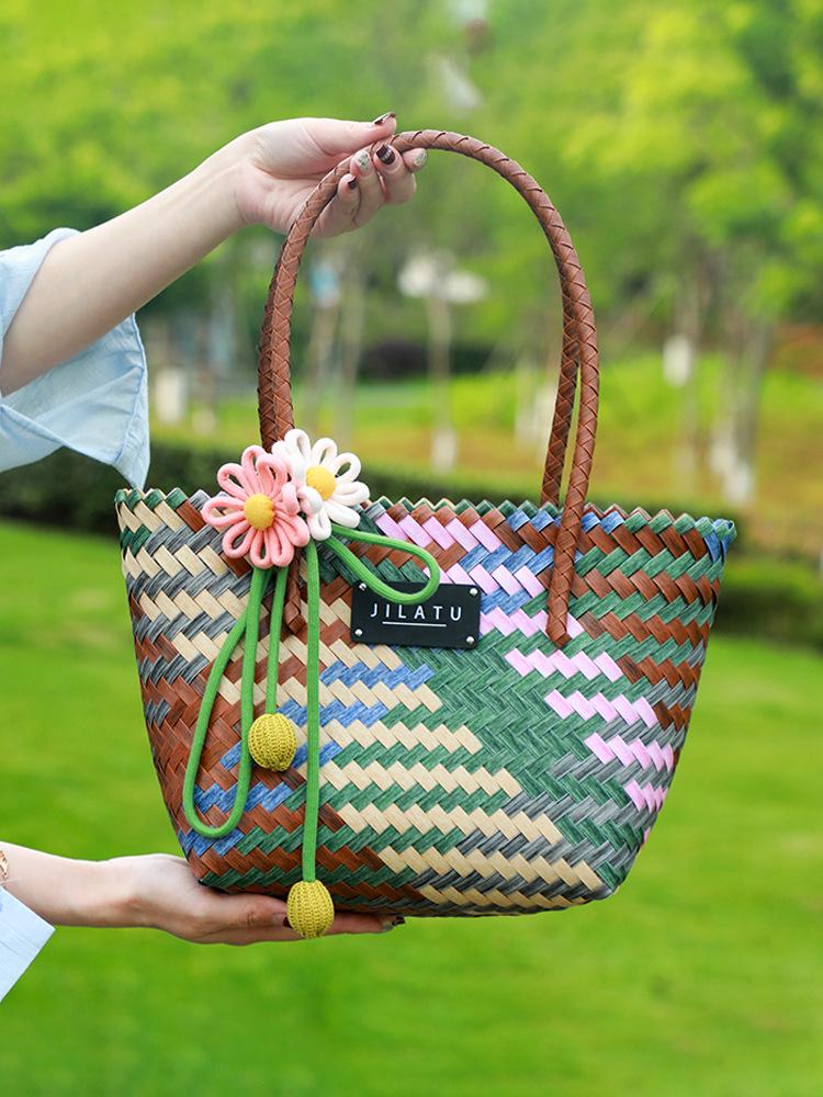 2025 Hand-Woven Women's Basket Bag - Summer Beach Handbag