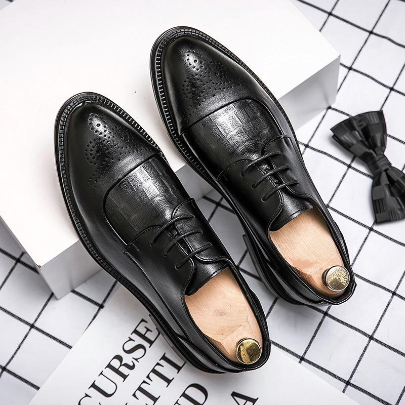 Men's Large Size Formal Brogue Leather Lace-up Shoes - Pointed Toe, Trendy Casual