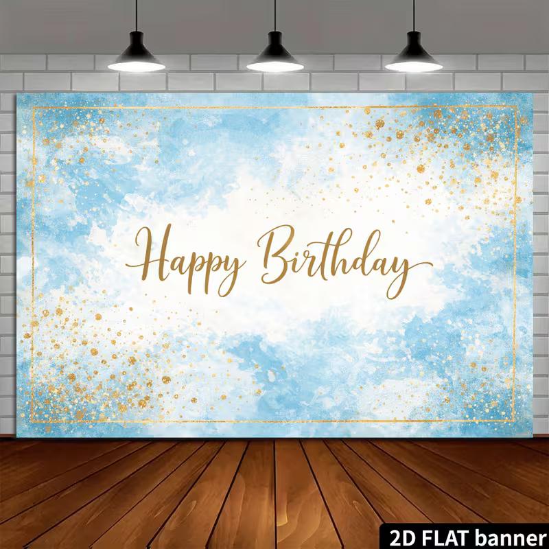 2D Elegant Watercolor Blue Happy Birthday Backdrop Banner Party Decoration