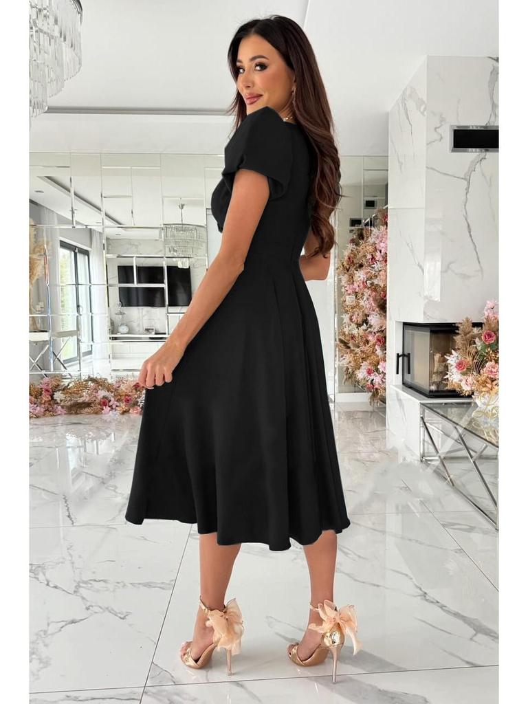 Temu Women's Sexy V-Neck Solid Color Mid-Calf Dress - European American Style