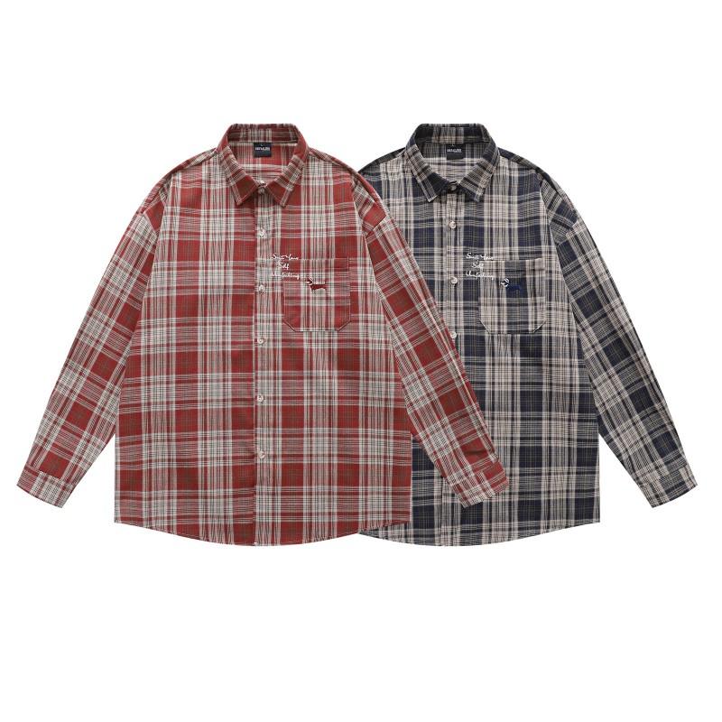 Mens Long Sleeve Plaid Shirt Japanese Vintage Embroidery Loose Casual Couple Blouse