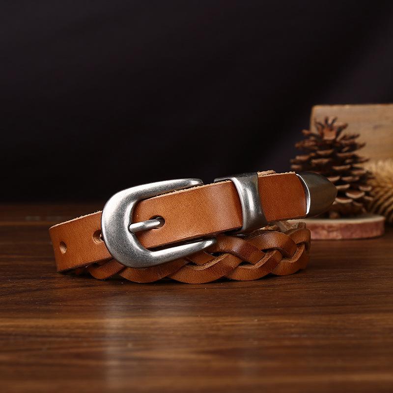 Genuine Leather Hand-Woven Belt Women'S Trend Versatile Personality Retro First Layer Cowhide Jeans Belt Waist Skirt