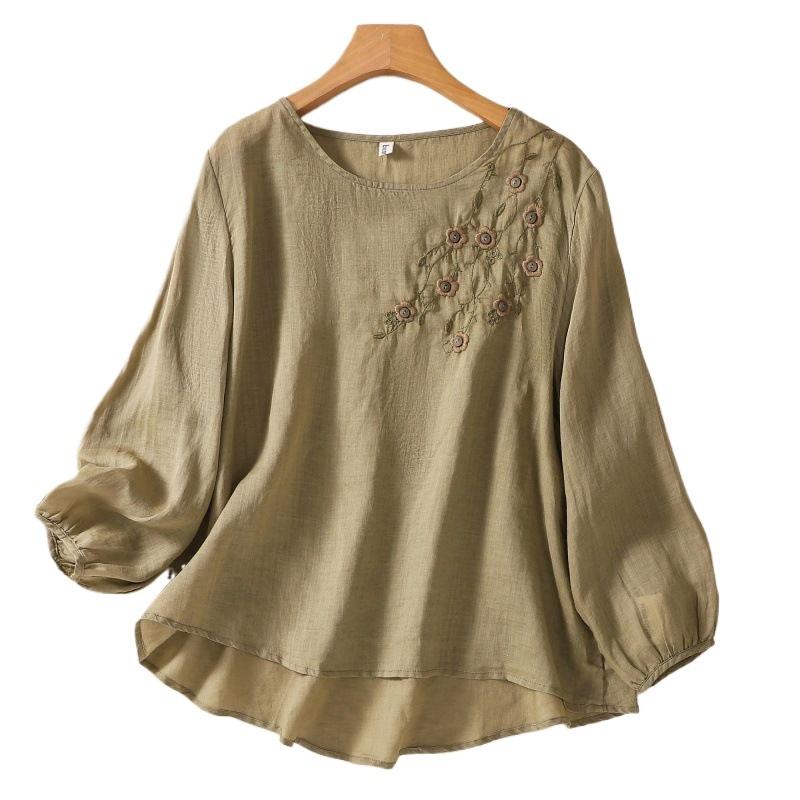 

Round Neck Long Sleeved T-shirt Women s Embroidered Top 3XL рожевий