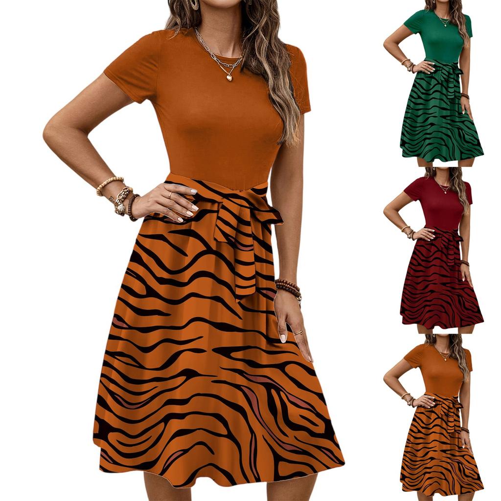 Dámské módní retro vzorované tištěné barevně blokované šaty