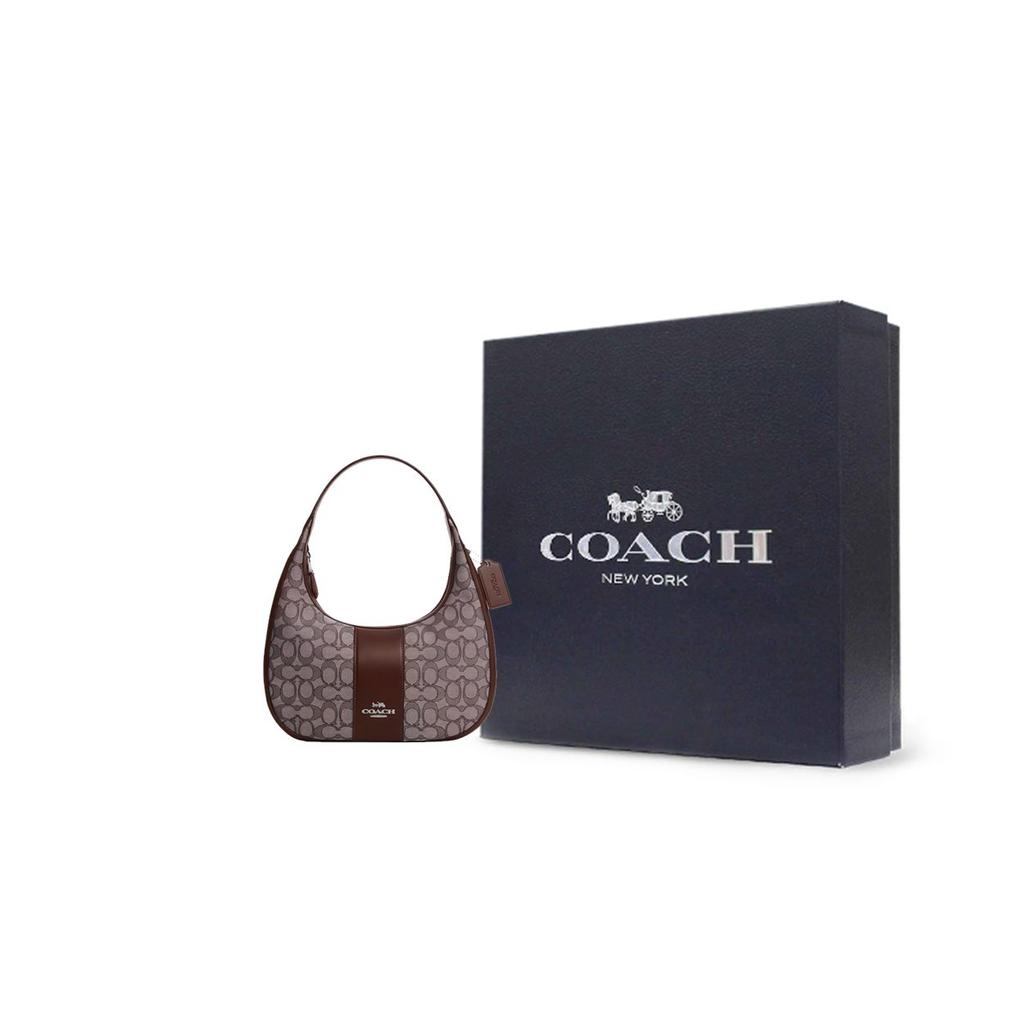 Coach Carmen 29 Signature Jacquard Zip Closure Smooth Leather Tote Shoulder Bag Large Women bags Silver Maple CV001-SVS8S