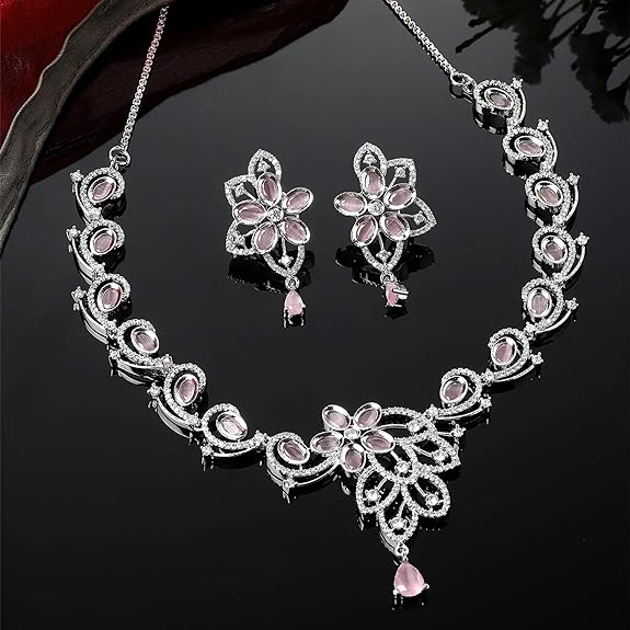 Rhodium-Plated American Diamond Studded Floral & Paisley Shaped Necklace With Earrings Jewellery Set For Girls and Women