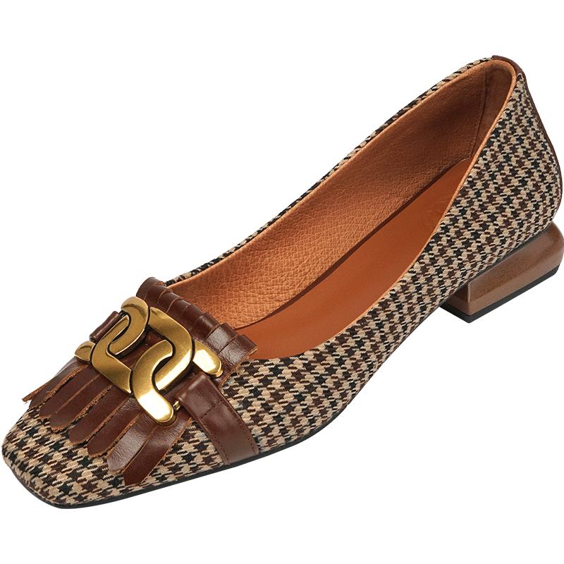 Fashion New Genuine Leather Women Shoes Fashion Tassel Beads Spring Pump Square Toe Slip-On Casual Shoes Thick Heel Size 35-42 Handmade