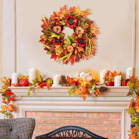 18 Inch Fall Wreath for Front Door Large Autumn Wreath with Artificial Pumpkins Sunflowers Maple Leaves for Thanksgiving Farmhouse Porch Wall Decor