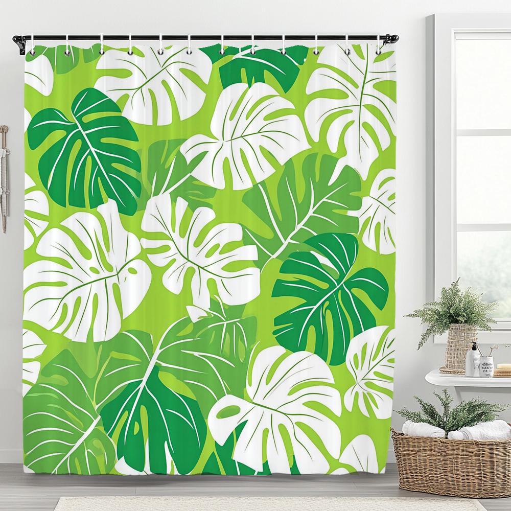 Tropical Plant Leaves Shower Curtain for Bathroom Romantic Wildflower Plants Nature Scenery Decorative Curtain Set with Hooks