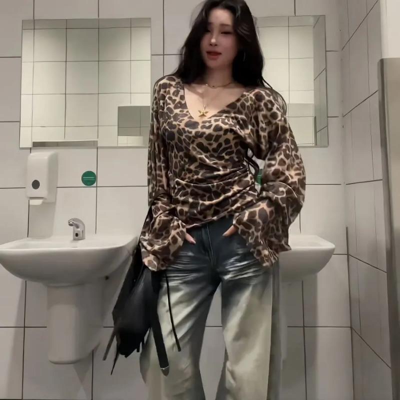 Women's Leopard Print Off-Shoulder Long-Sleeve Top with Camisole Overlay