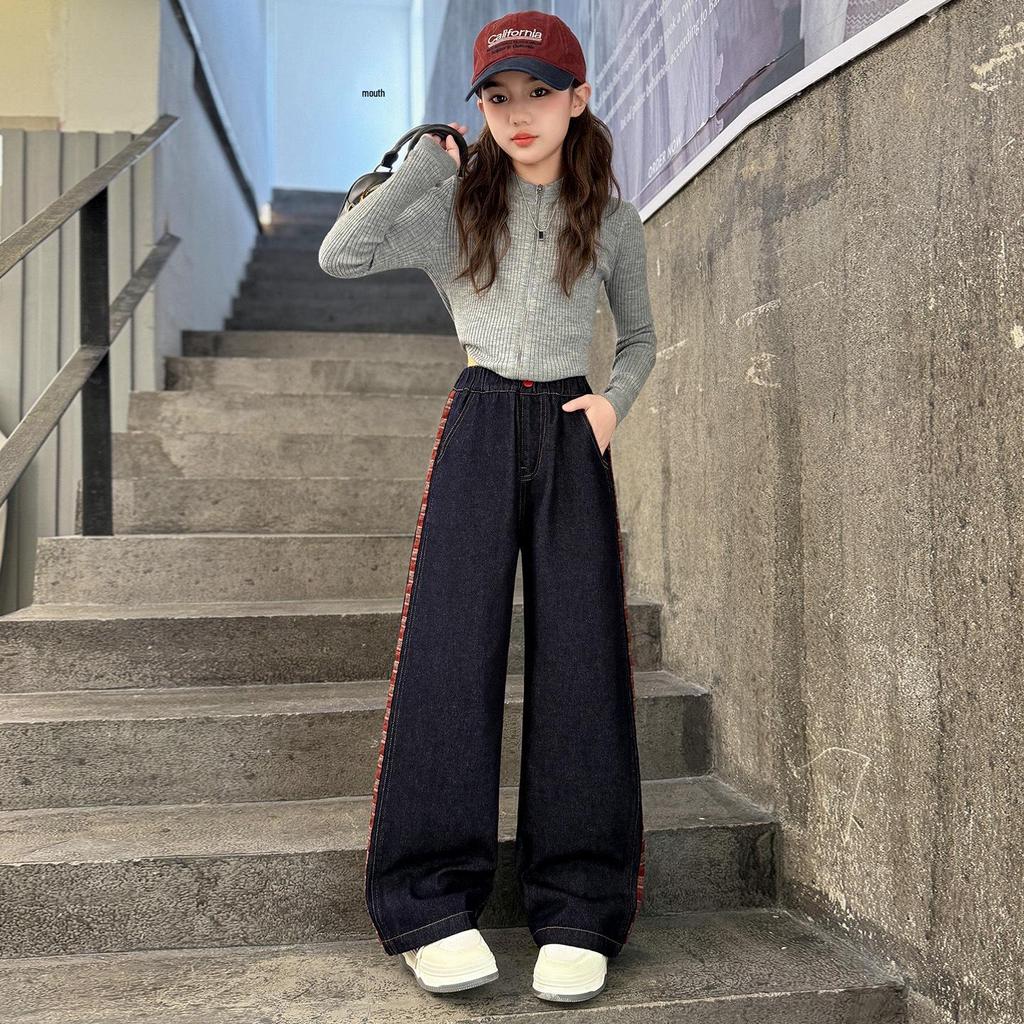 2025 Dívčí zimní kalhoty s fleecovou podšívkou: Silné džíny se širokými nohavicemi pro velké děti