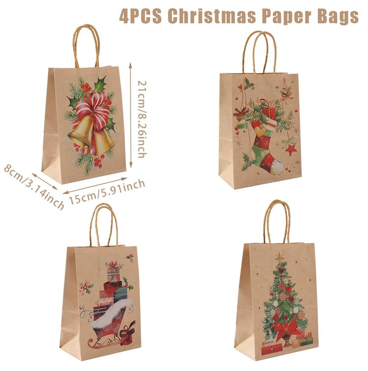 4PCS Christmas Gift Bag Kraft Paper Bags Merry Christmas Decoration 2024 For Home Cristmas Navidad New Year Gifts Packing Bags