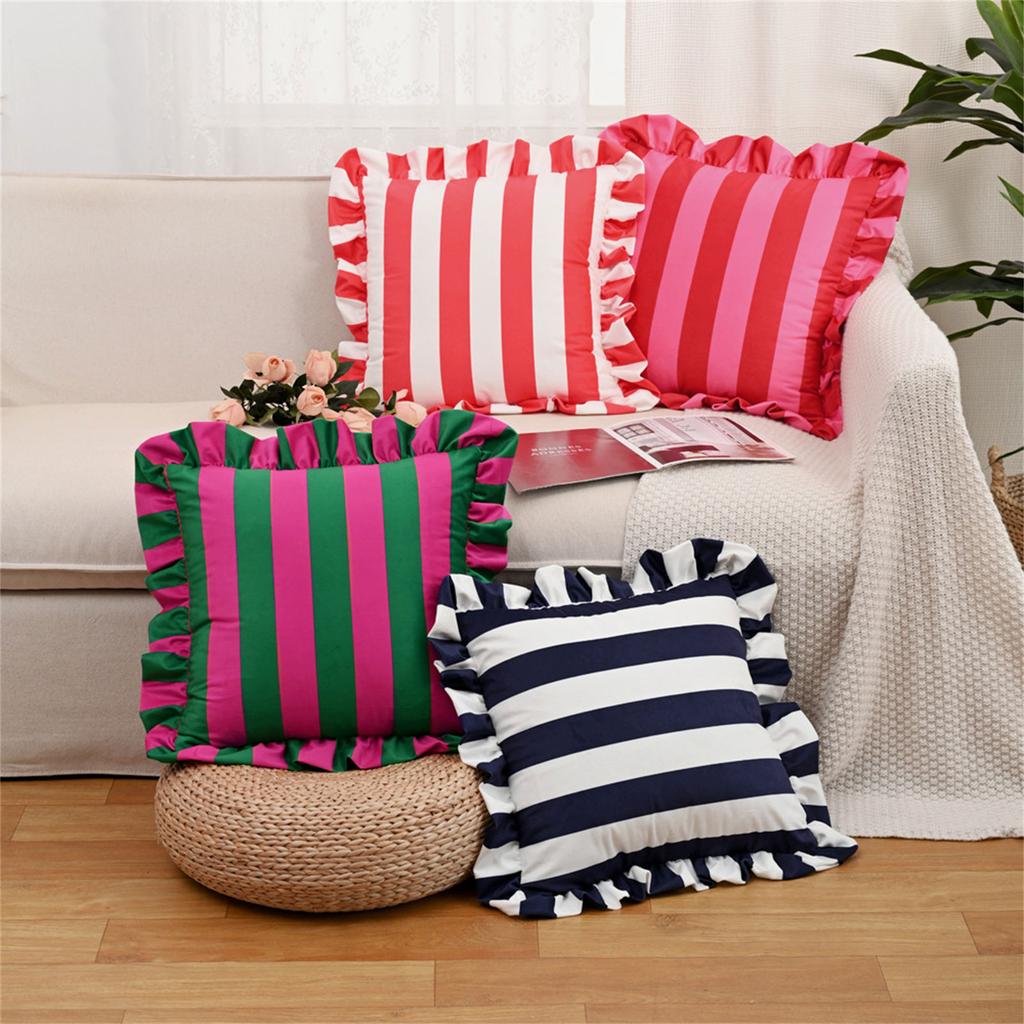 Stylish Square Pillow Cover With Ruffled Trim and Striped Pattern Design Throw Cushion Case For Sofa Bedroom Decors