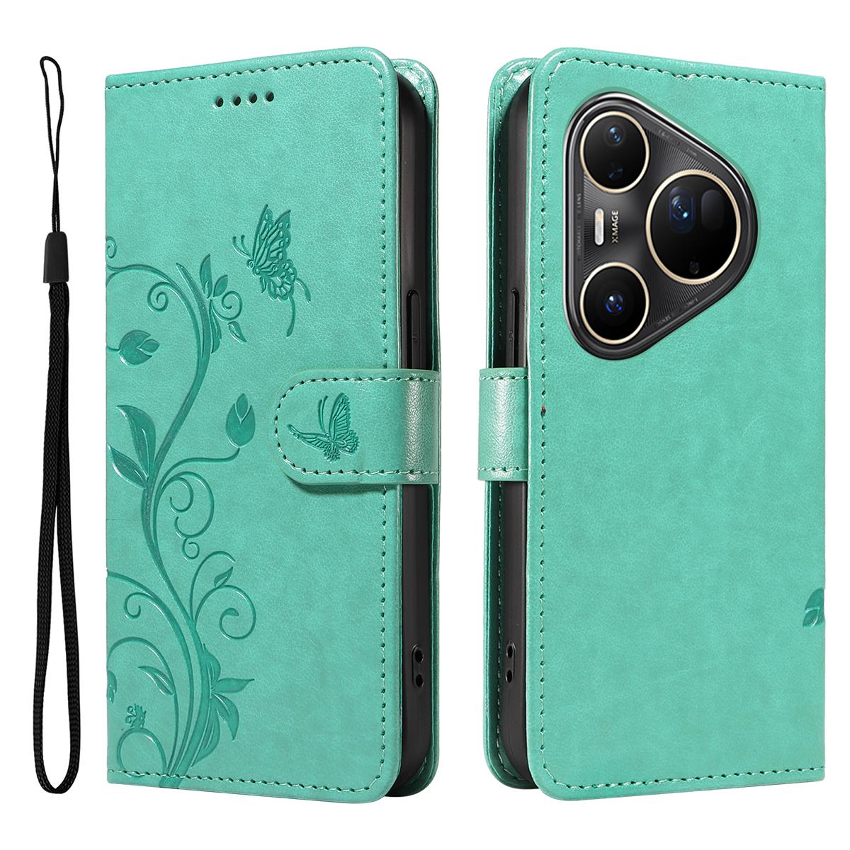 

For Huawei Pura 80 Ultra PU Leather Cases Flower Pattern Wallet Stand Phone Cover with Strap Green
