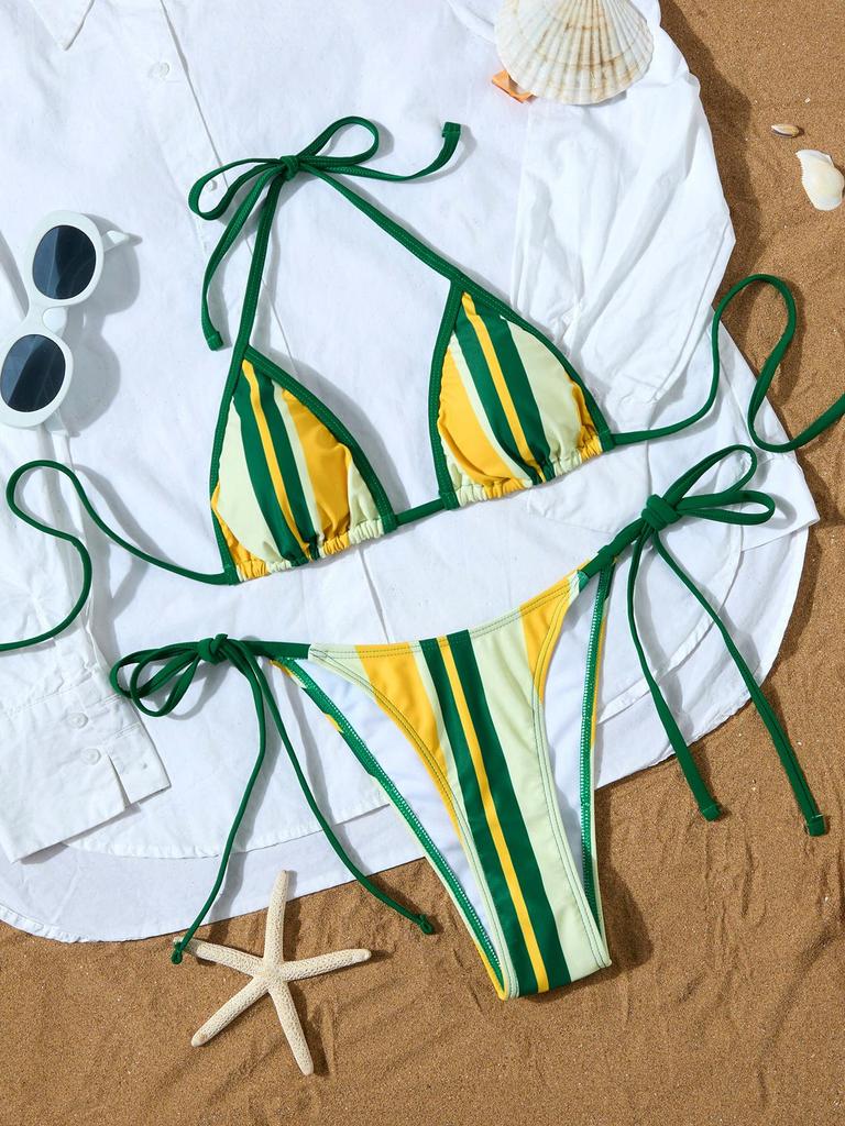 Gestreifter Print Krawatten-Dreieck Sexy geteilter Bikini Badeanzug für Damen