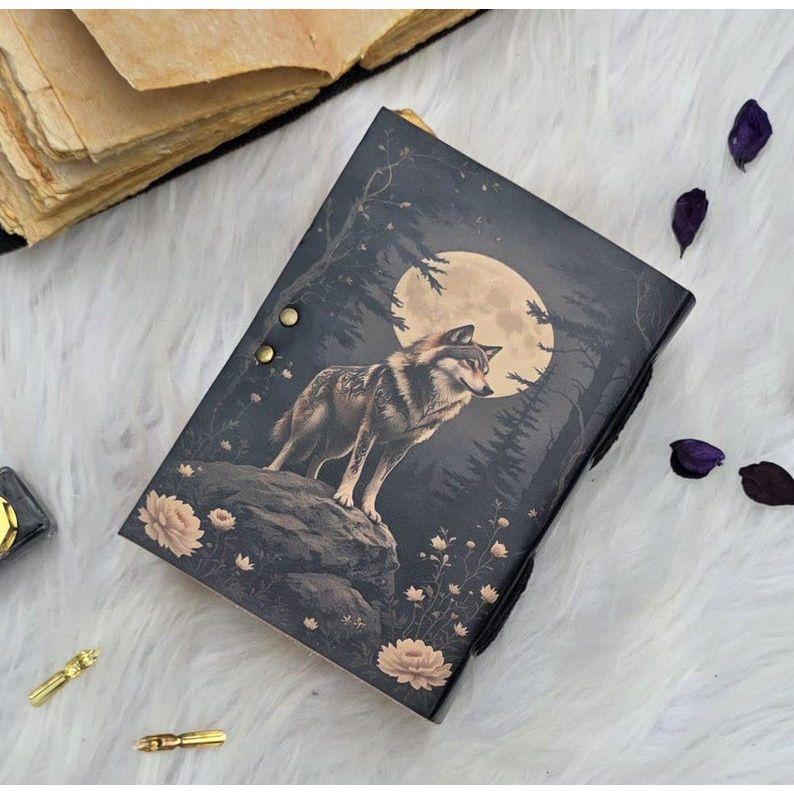 Lunar Wolf Grimoire – Handcrafted Vintage Book with Lock | Leather Notebook with Wolf & Moon Cover | Aesthetic Gothic Book | Grimoire Book