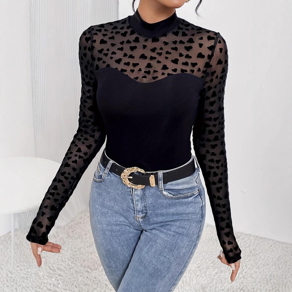Spring Mesh Patchwork Long Sleeve Slim Base Layer T Shirt Top Women Fashion Daily Basic Office Lady Casual Slim Fit Ladies Elegant Top