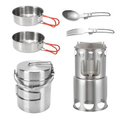 Camping-Kochgeschirr-Set, 1-Liter-Topf mit klappbarem Holzkocher, Besteck und Schalen für Outdoor-Kochen, Suppenzubereitung und Braten