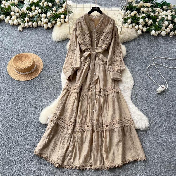 Sexy Vintage Lace Lace Up Glitter A Line Long Sleeve Beach Dress Chic Summer Vacation Vestidos for Women
