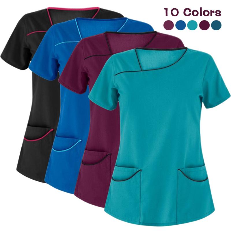 Kadın Yaz Üstleri Kısa Kollu Tişört V Yaka Cep Üniforma Baskılı Seksi Hemşire Bakım İşçileri Kliniği