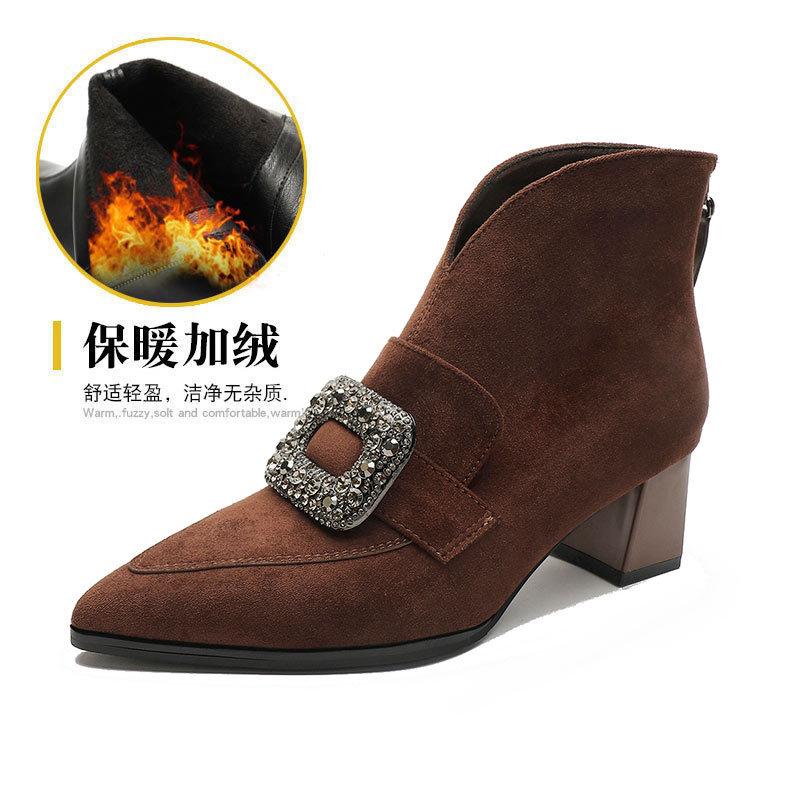 thick-heeled short boots women's new short women's boots retro v-mouth high-top shoes rhinestone square buckle pointed deep-mouth single shoes