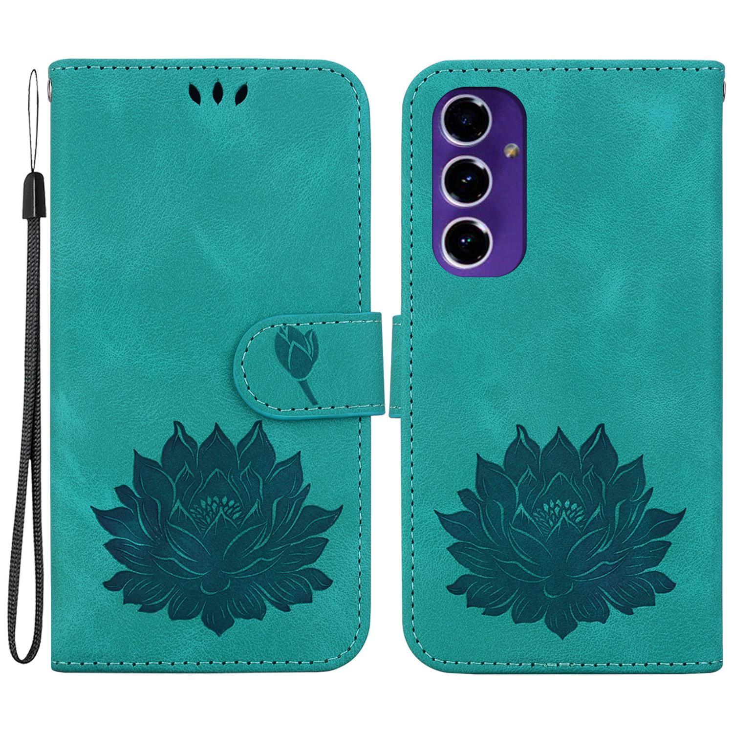 

PU Leather Phone Cover for Samsung Galaxy S24 FE Phone Stand Case Imprinted Lotus Pattern Wallet Shell Green