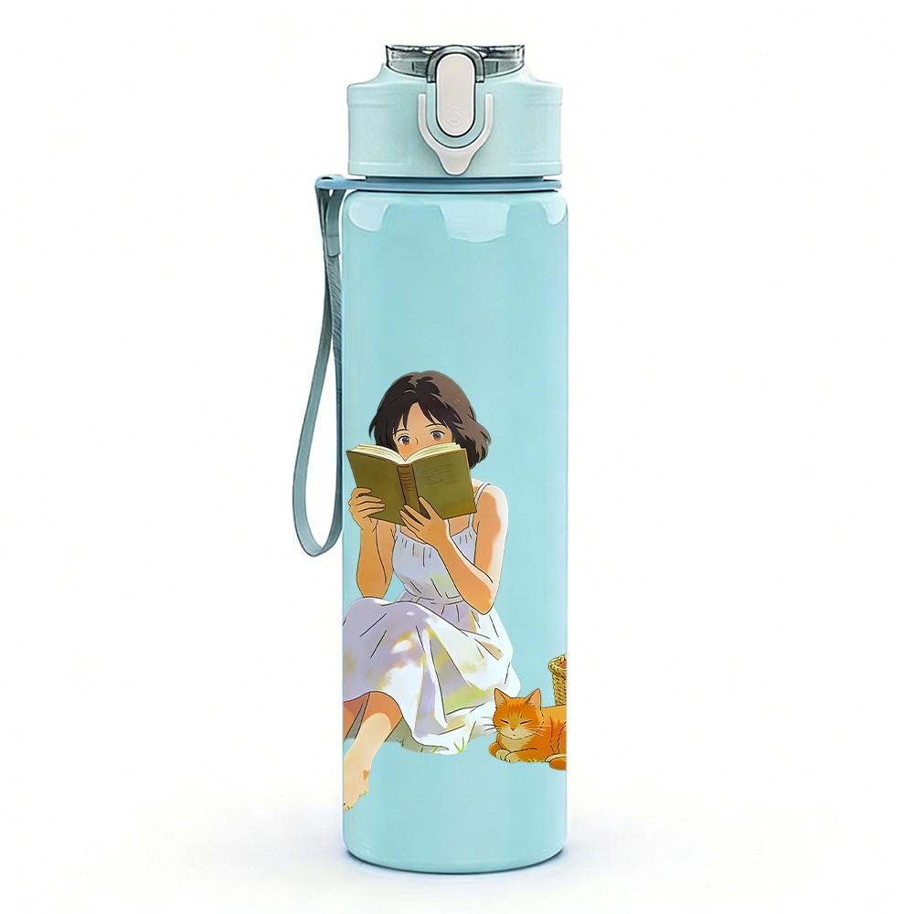 1PC Little Girl Fruit Basket Watercolor Print 750ml Color Plastic Sports Water Bottle Leakproof Flip Straw Lid Suitable for Sports Office Home Use