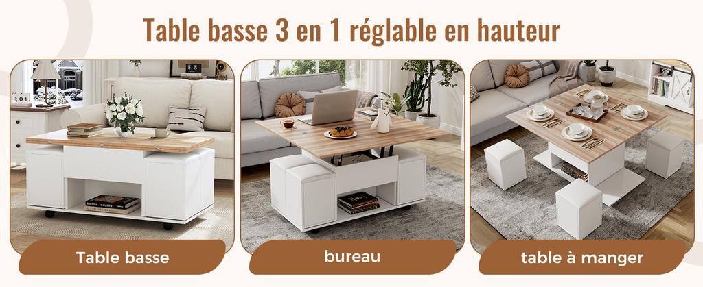 Kaffeetisch verstellbar, 3-in-1, mit Stauraum, umwandelbar in Esstisch/Arbeitstisch, mit Rollen und 4 Hockern, 100x50x48cm, Weiß + Holzton