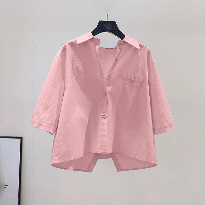 ZANZEA Women Casual Turn Down Collar Solid Color Loose Half Sleeve Blouse