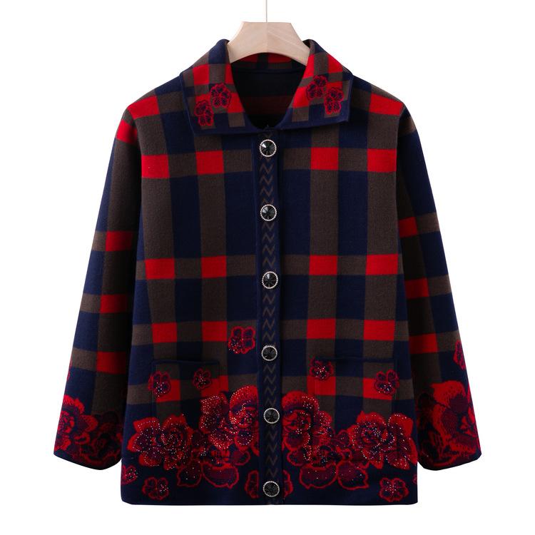 Grandma's Winter Sweater Cardigan Lapel Spring and Autumn Mother's New Knitted Sweater Middle-aged and Elderly Tops Old People's Clothes