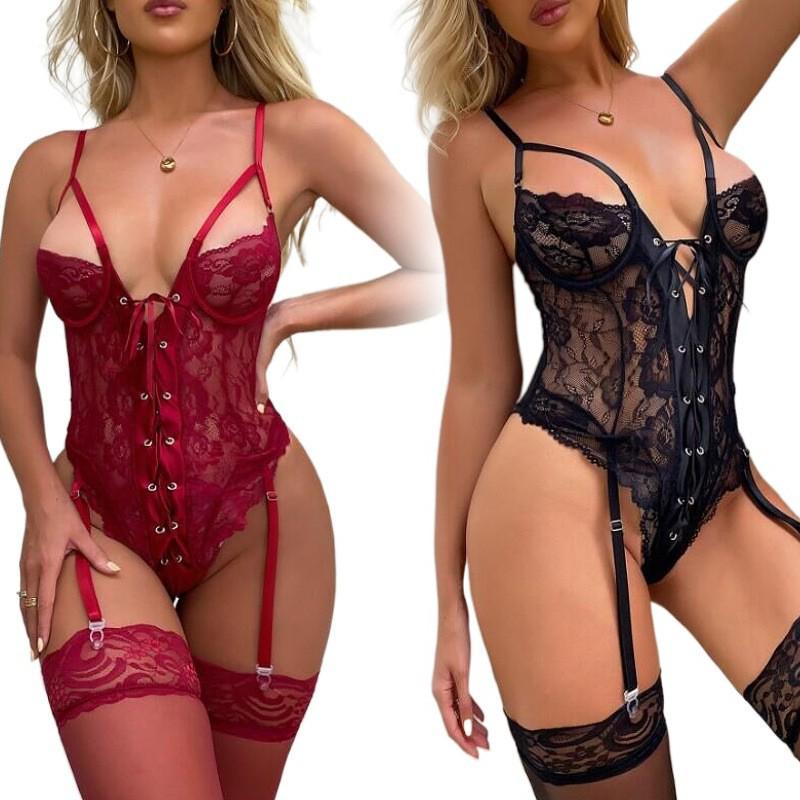 European & American Lace Trim Transparent One-Piece Lingerie Sleepwear