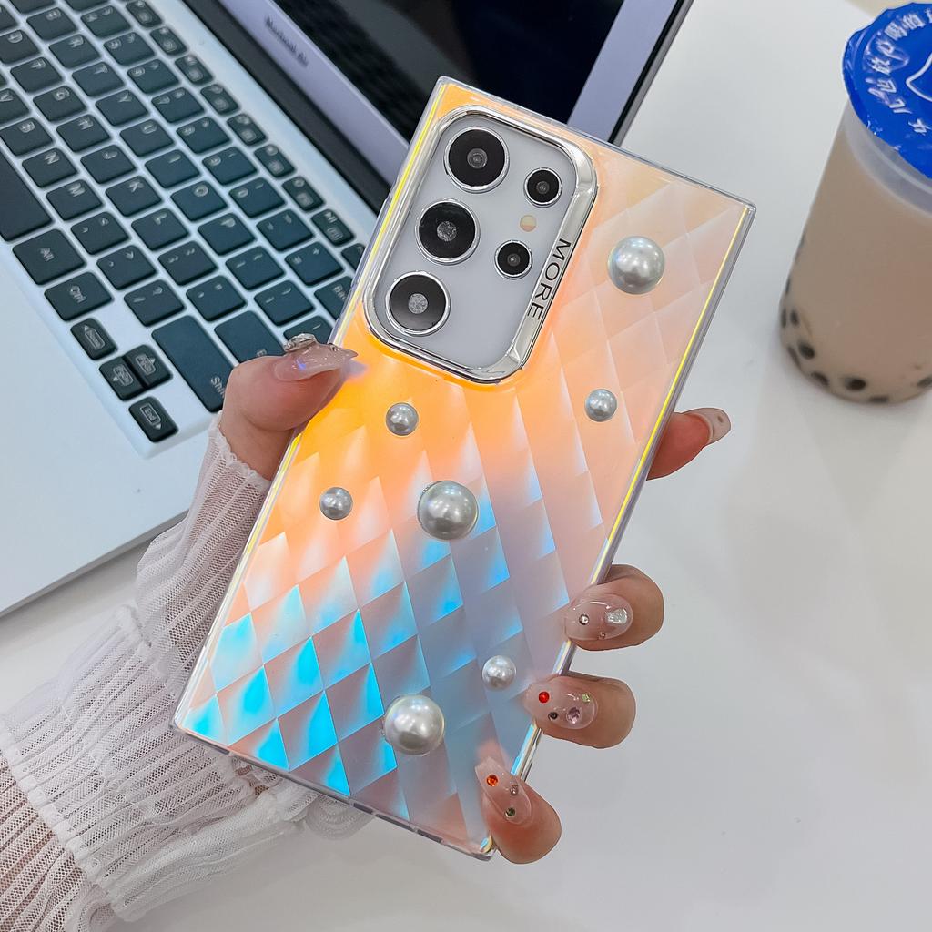 Advanced Three Dimensional Pearls Suitable for Samsung S25ultra Mobile Phone Case S24plus Electroplated Laser A56 Hard Set