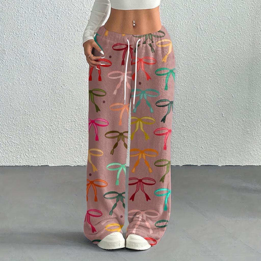 Women's Casual Fashion Printed Elastic Waist Loose Straight Leg Pants With Rope