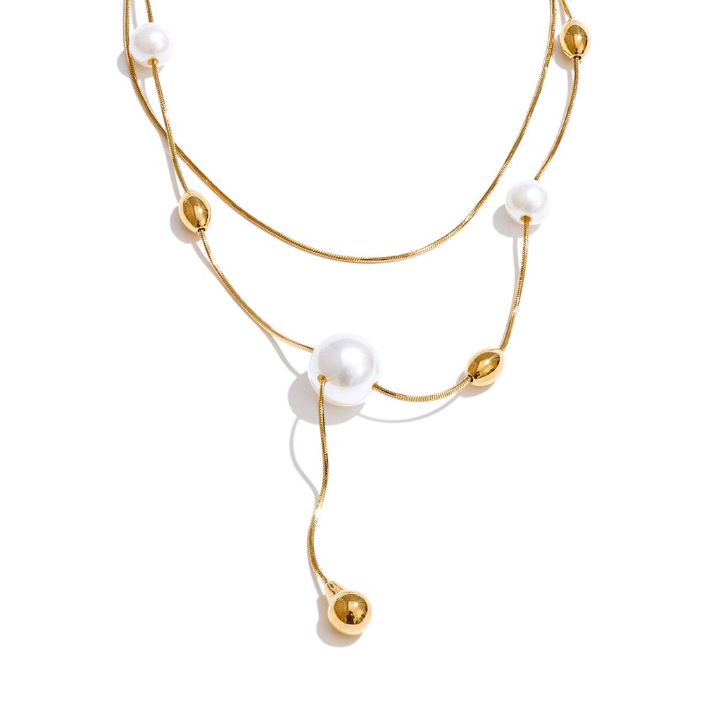 Yhpup New Arrivals Imitation Pearls Beads Layered Chain Necklace Pendant Stainless Steel Stylish Chic Handmade Jewelry Wholesale