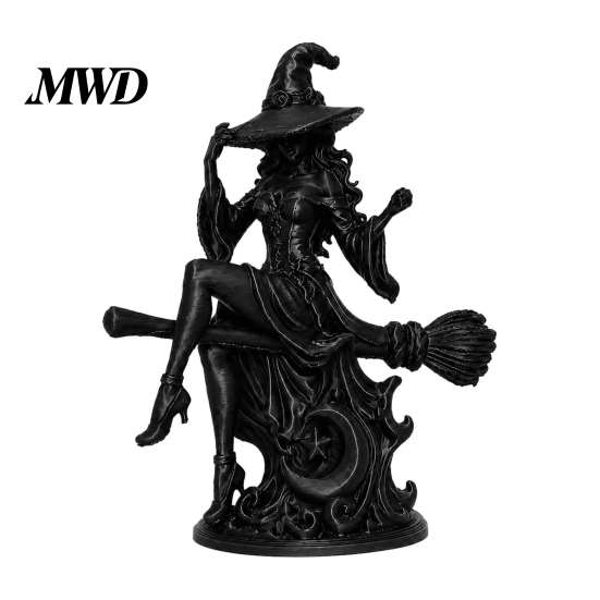 Creative Fantasy Room Accents Gothic Witch On Broom Statue, 3D Printed Spooky Tabletop Figurine for Decoration Home Party, Black Halloween Desk Decor