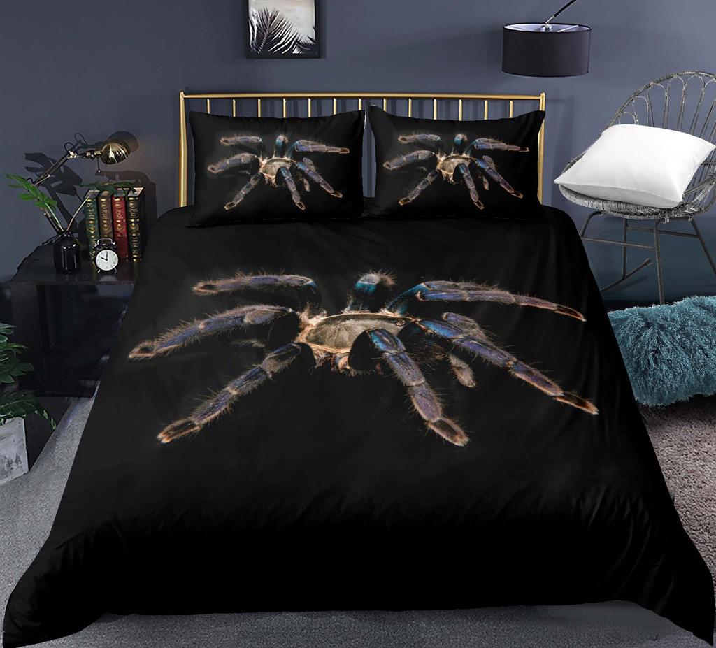 Tarantula Baskılı Yatak Örtüsü Seti King Full 3D Baskı Siyah Örümcek Yorgan Kılıfı Seti Böcek Temalı Erkek Çocuk Genç Polyester Yatak Örtüsü Seti